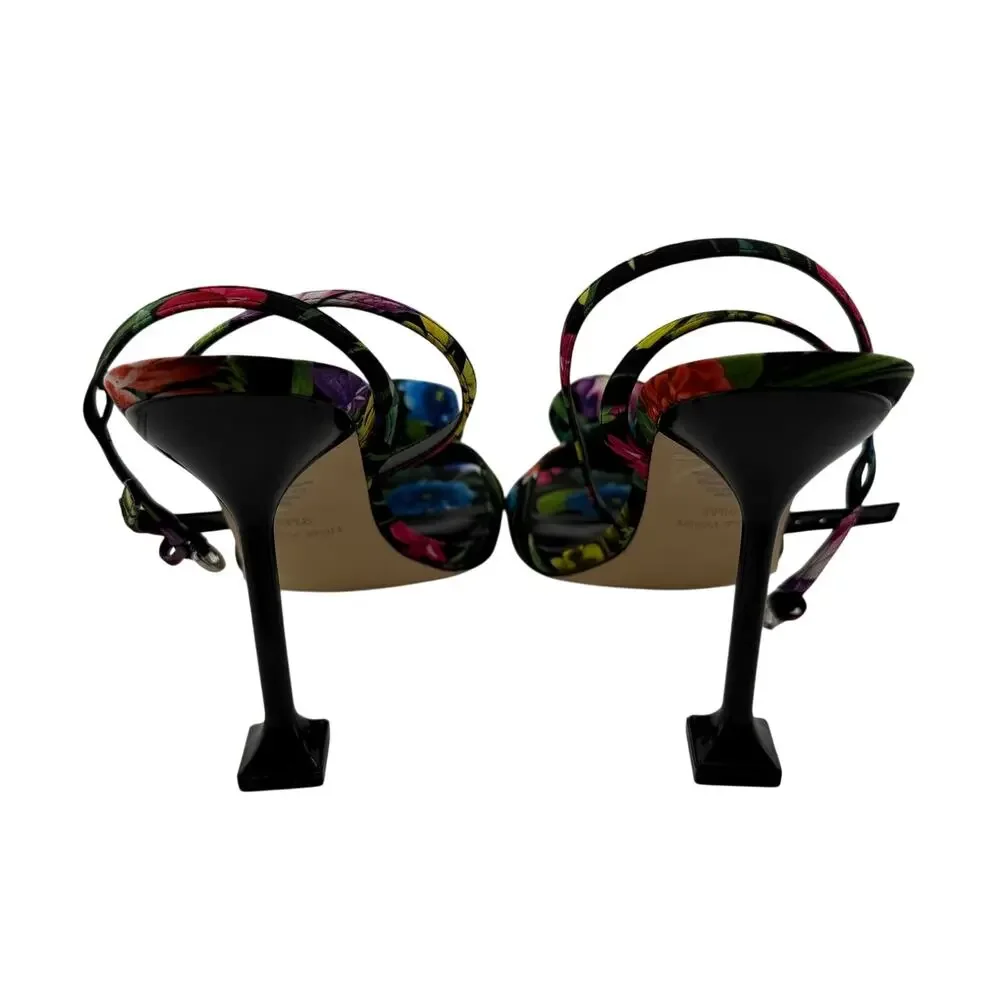 Nine West Neve Rosette Vivid Floral Ankle Strap Black Heel Sandals Size 9.5